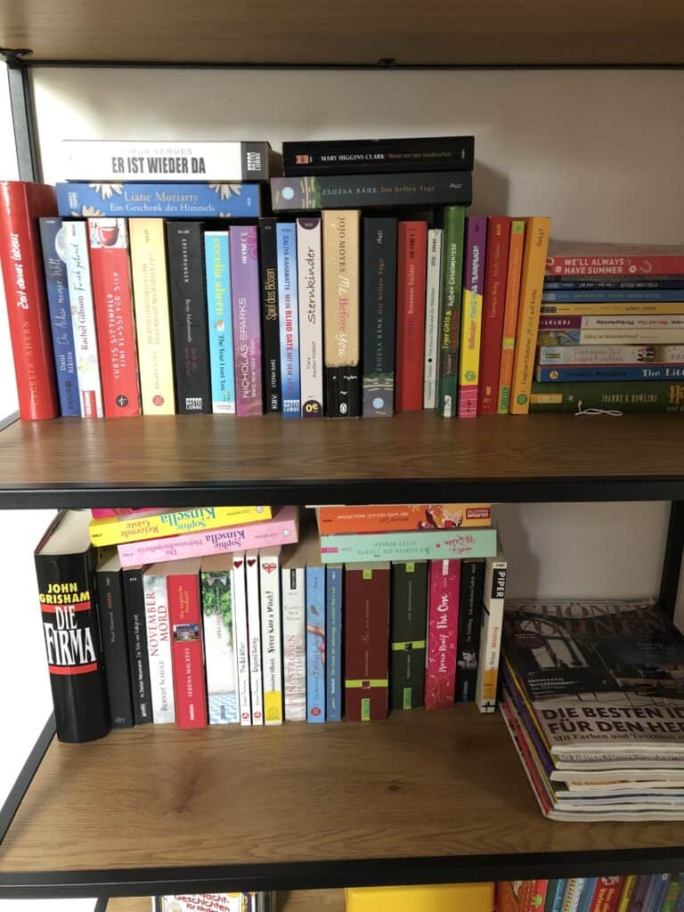 Ein Bücherregal mit drei Fächern, gefüllt mit bunten Büchern, die sowohl vertikal als auch horizontal angeordnet sind. Unten rechts stapeln sich Zeitschriften, und auf dem mittleren linken Fach steht eine schwarze „Die Firma“-Tasse – perfekte Inspiration für die Planung eines Eifelwochenendes.