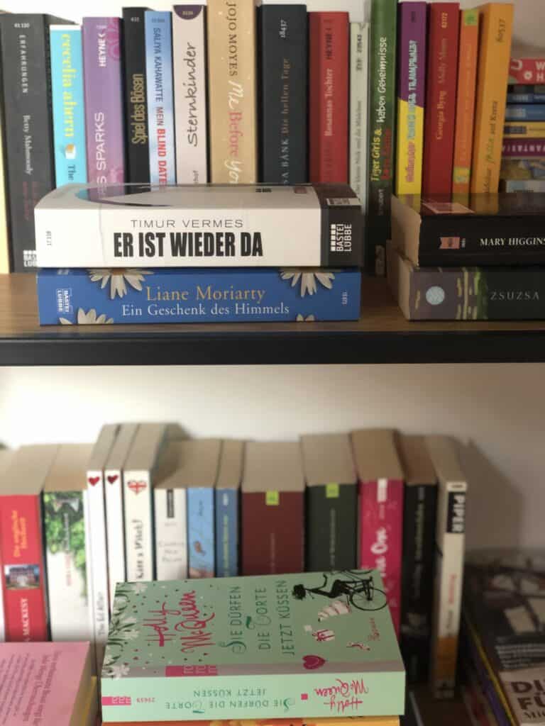 Ein Bücherregal in einem Ferienhaus in der Eifel mit bunten Büchern, vertikal und horizontal angeordnet. Zu den sichtbaren Titeln gehören „Er ist wieder da“, „Ein Geschenk des Himmels“ und ein mintgrünes Buch mit Blumenmustern im Vordergrund.