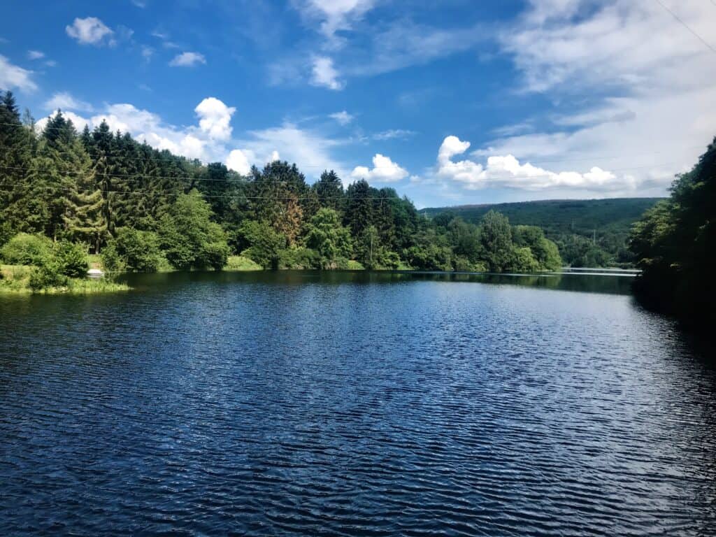 Ein ruhiger See, umgeben von üppigen grünen Bäumen unter einem strahlend blauen Himmel mit vereinzelten weißen Wolken – perfekt für einen Familienaufenthalt in einem Ferienhaus in Monschau oder zum Erkunden der Eifel mit Kindern, mit malerischen, grün bedeckten Hügeln im Hintergrund.
