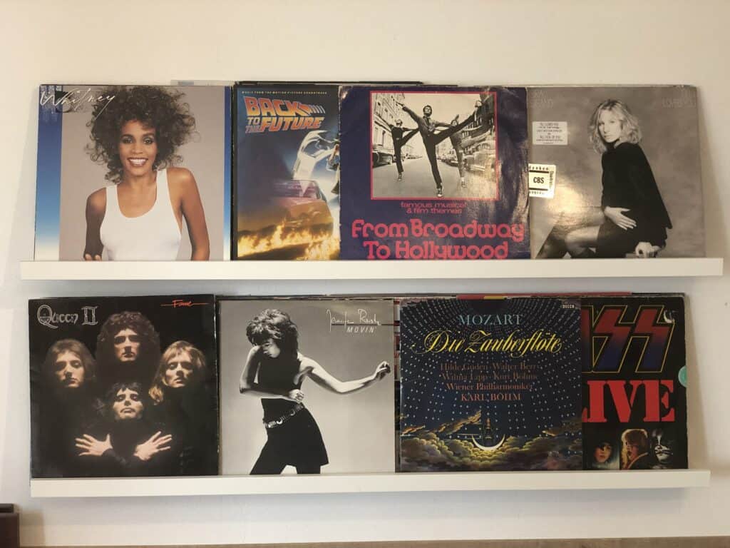 Zwei weiße Regale beherbergen acht Schallplattenhüllen – darunter Alben von Whitney Houston, Queen und Kiss – und verleihen diesem Ferienhaus in Monschau einen Retro-Touch. Genießen Sie Musikabende in Ihrem Eifel-mit-Kinder-Urlaub oder entspannen Sie nach der Sauna.
